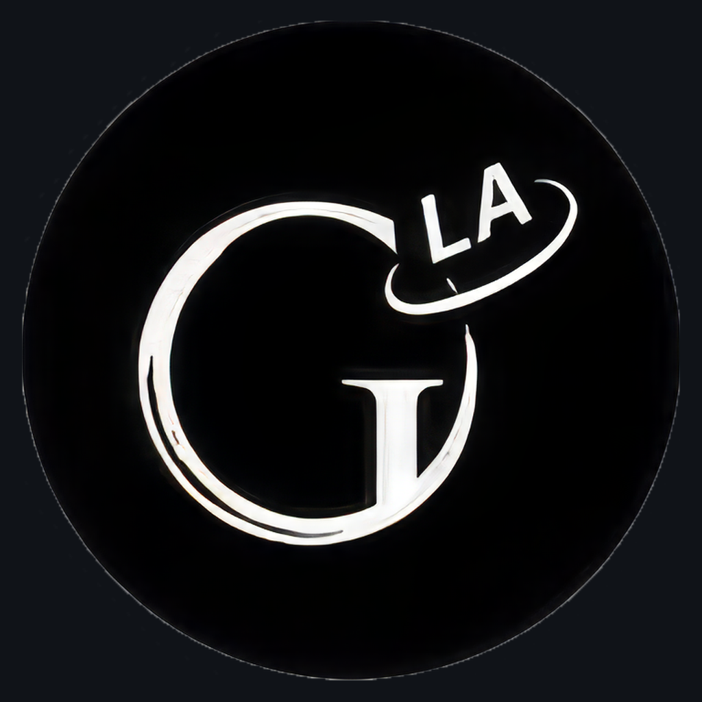 The LA Globe monogram in white and blue on near-black