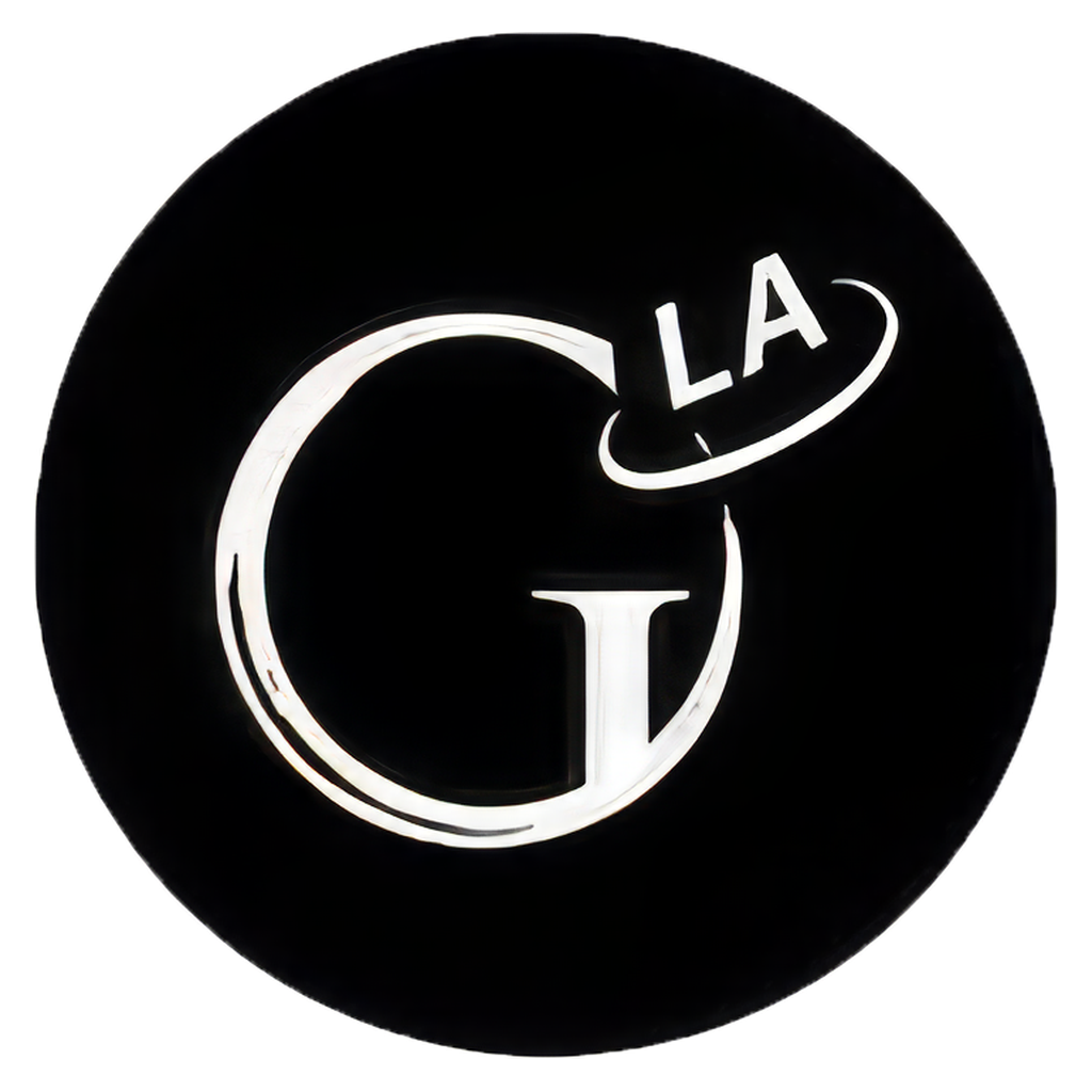 The LA Globe monogram — brushed circle and blue orbit ring on white