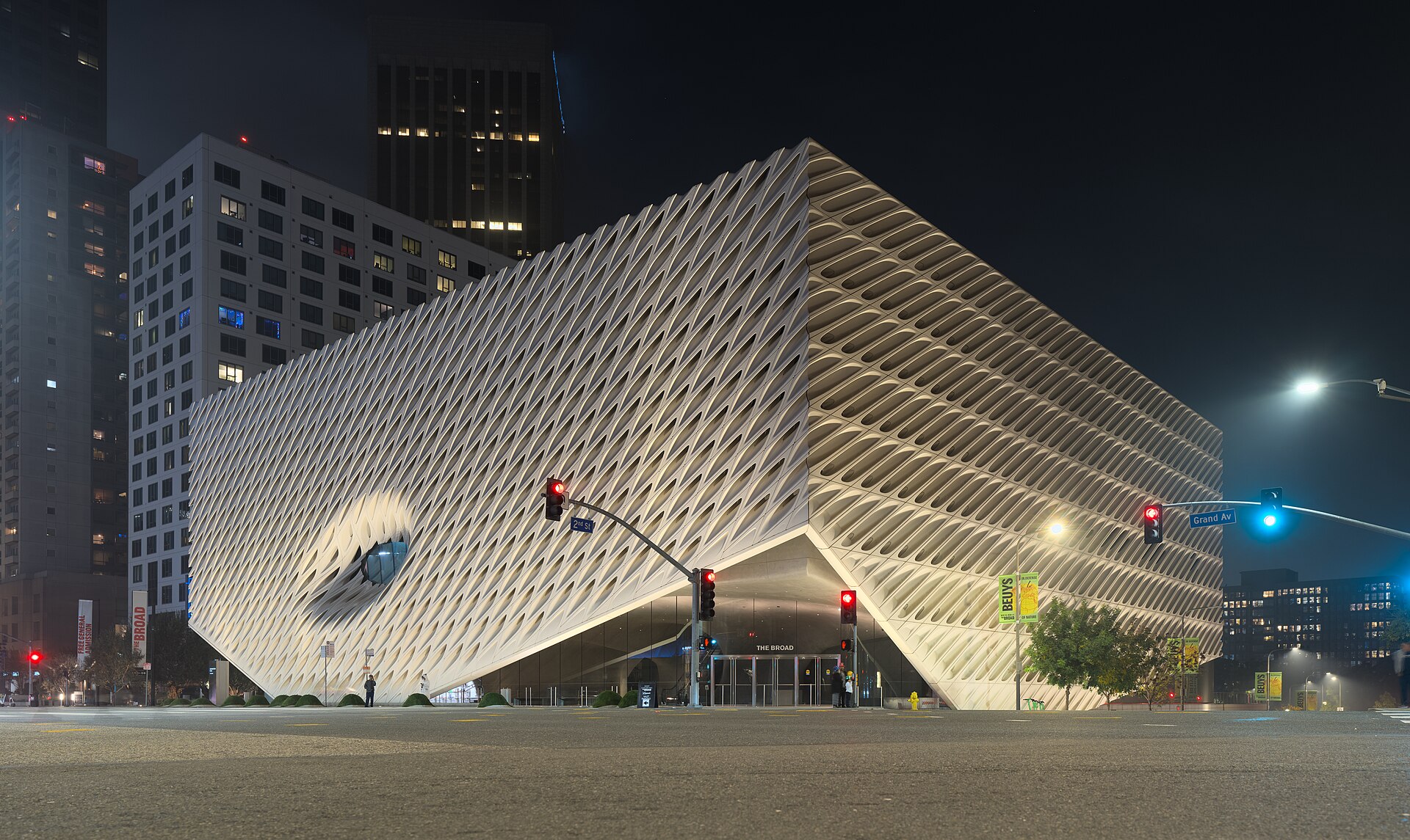 The Broad museum at night on Grand Avenue