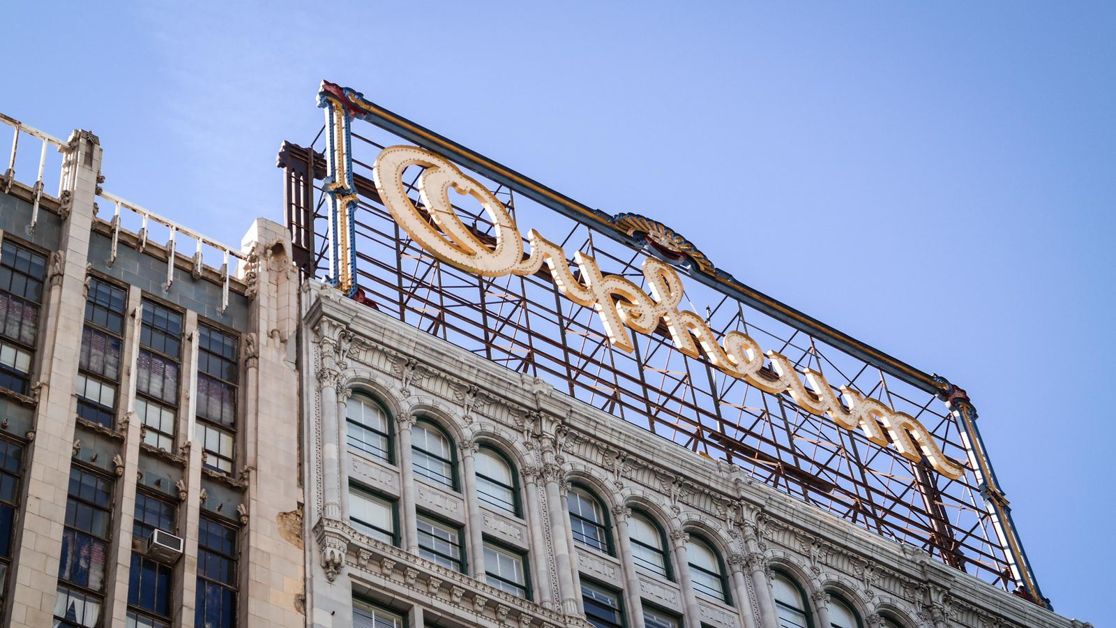 The Orpheum Theatre's rooftop sign above South Broadway