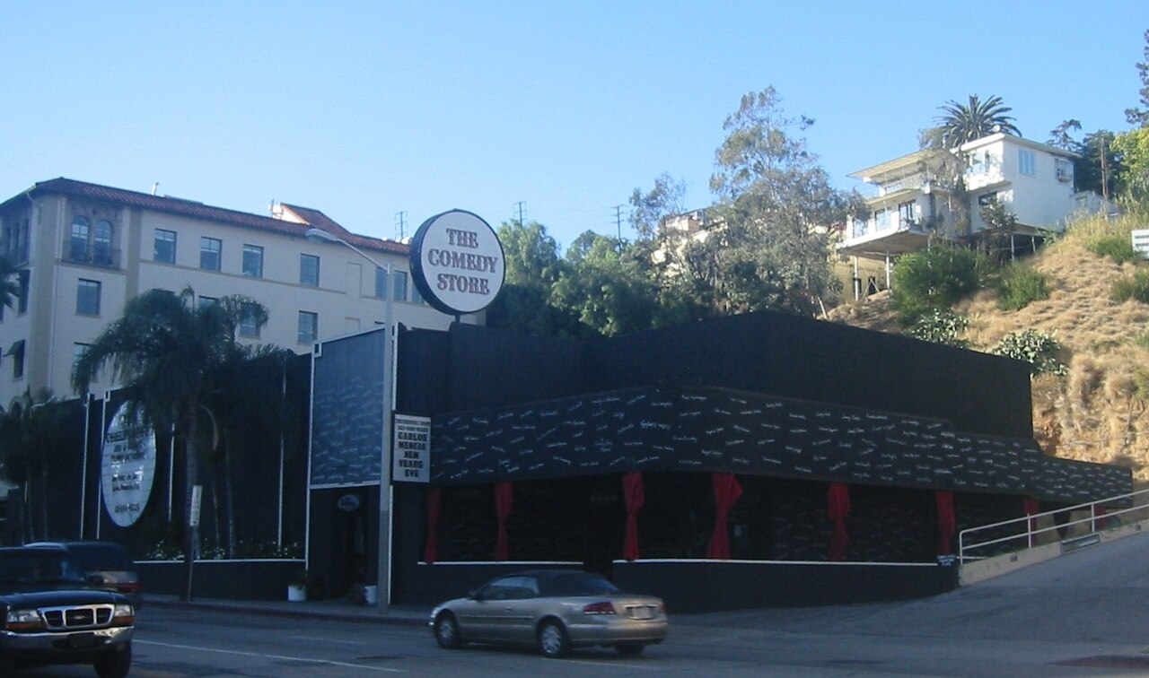 The Comedy Store on Sunset Boulevard in West Hollywood, its black facade covered in painted comedians' names