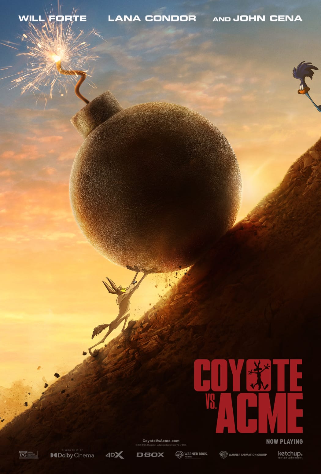 Theatrical one-sheet poster for Coyote vs. Acme: Wile E. Coyote clinging to a giant Acme bomb rolling down a desert hill at sunset as the Road Runner watches from the ridge, under the names Will Forte, Lana Condor and John Cena.