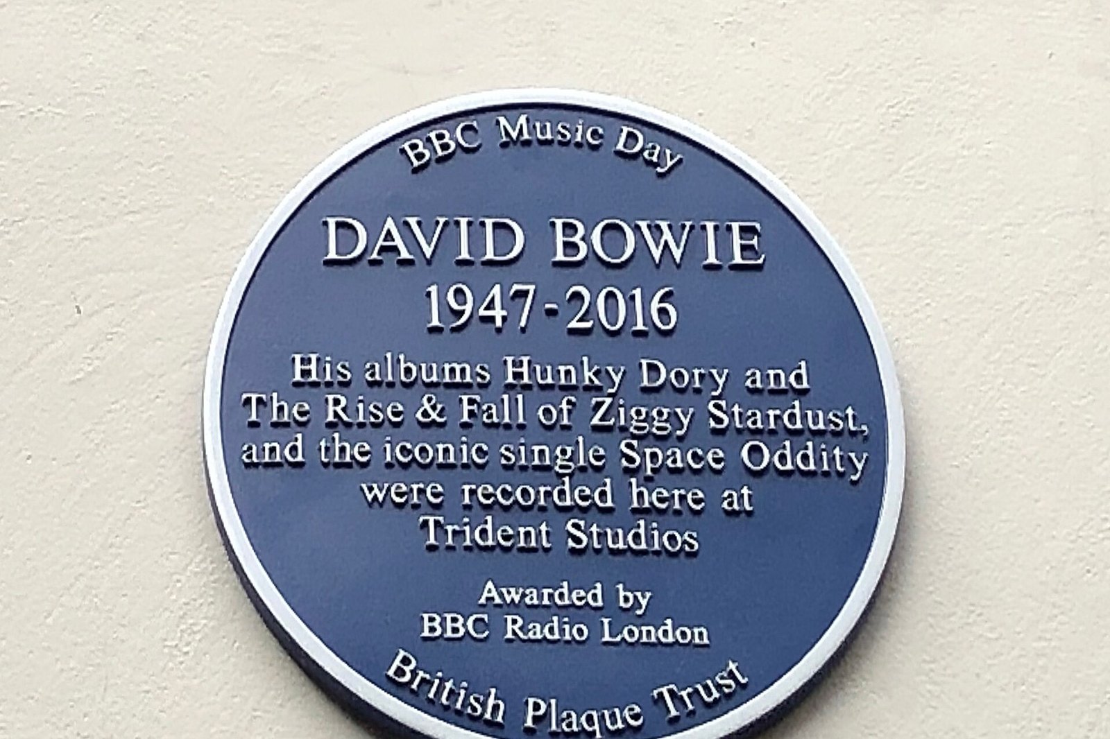 David Bowie Plaque at Trident Studios, in April 2019.
