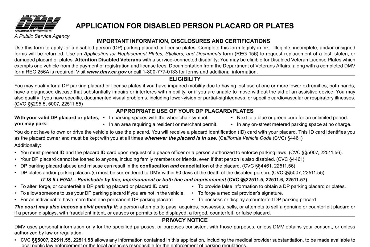 Page one of the California DMV's Application for Disabled Person Placard or Plates, form REG 195, showing the eligibility paragraph and the list of where a valid placard may park.