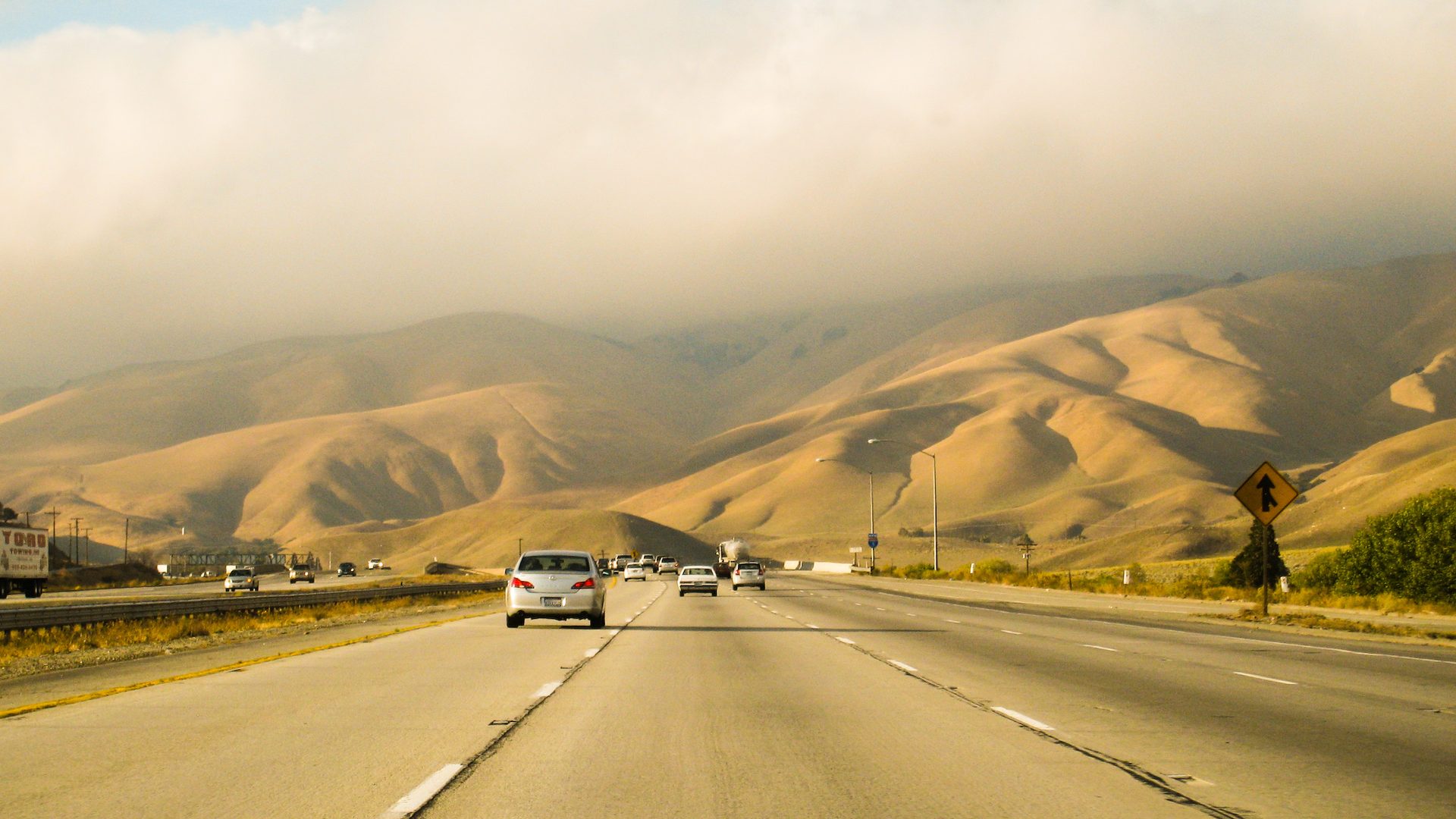 Interstate 5 running through the dry hills of Peace Valley near Gorman in northern Los Angeles County