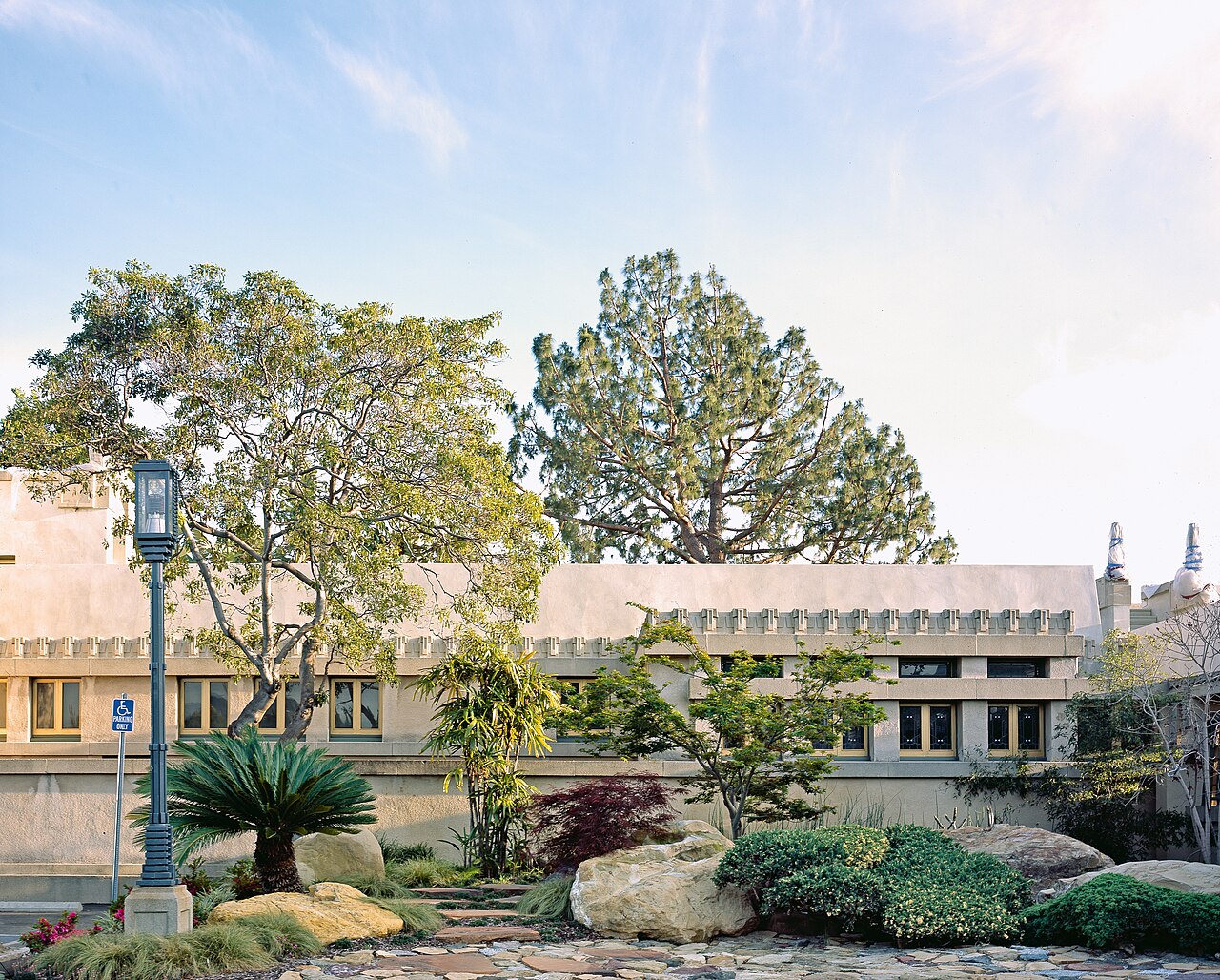 The stacked, hollyhock-ornamented concrete forms of Frank Lloyd Wright's Hollyhock House in East Hollywood