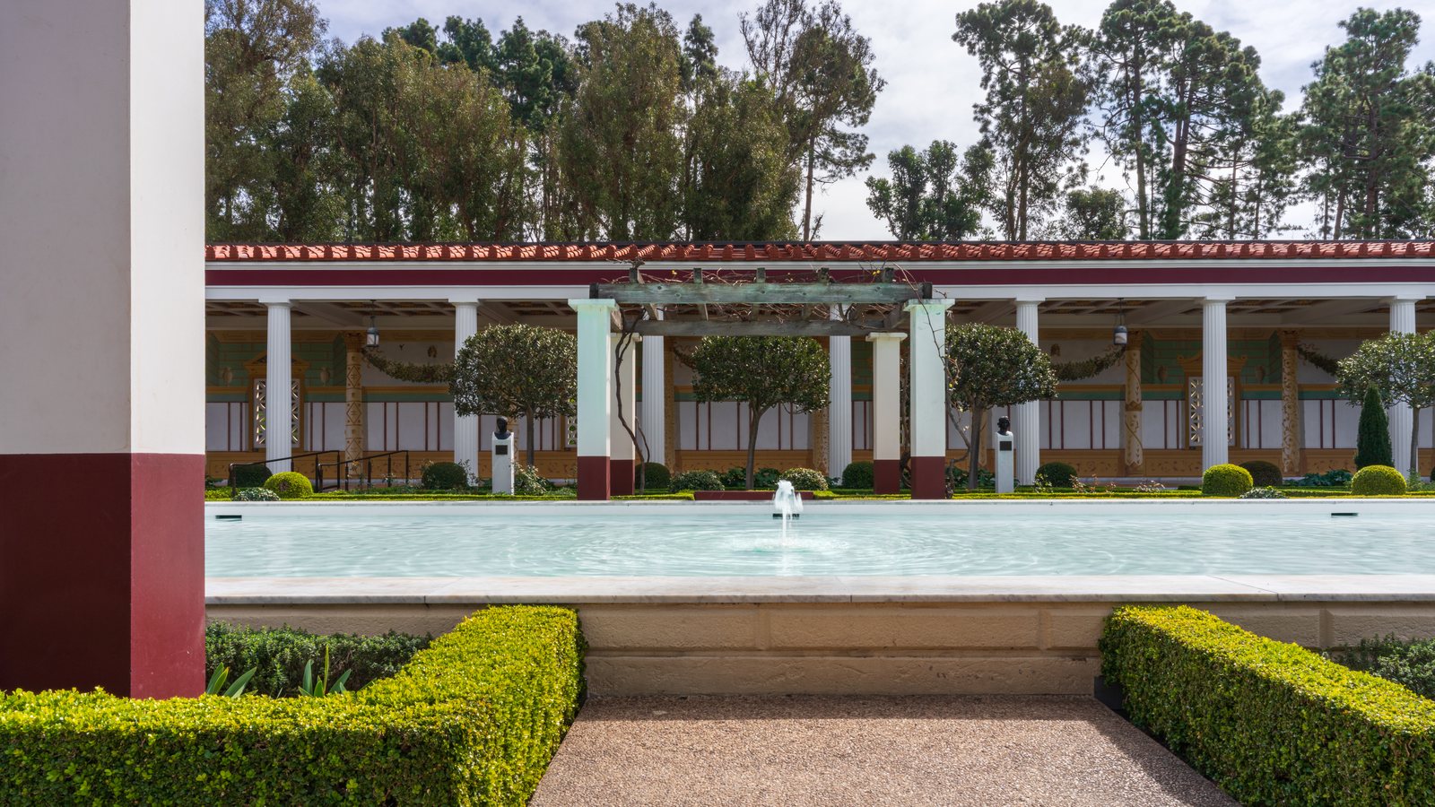 The reflecting pool and colonnade of the Outer Peristyle garden at the Getty Villa Museum