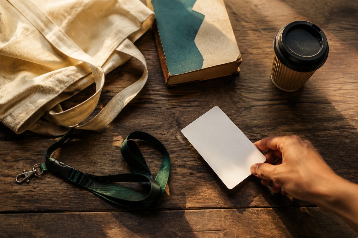 Overhead view of a plain unbranded library card, a canvas tote, a paperback and a coffee cup arranged on a weathered wood table in warm evening light.