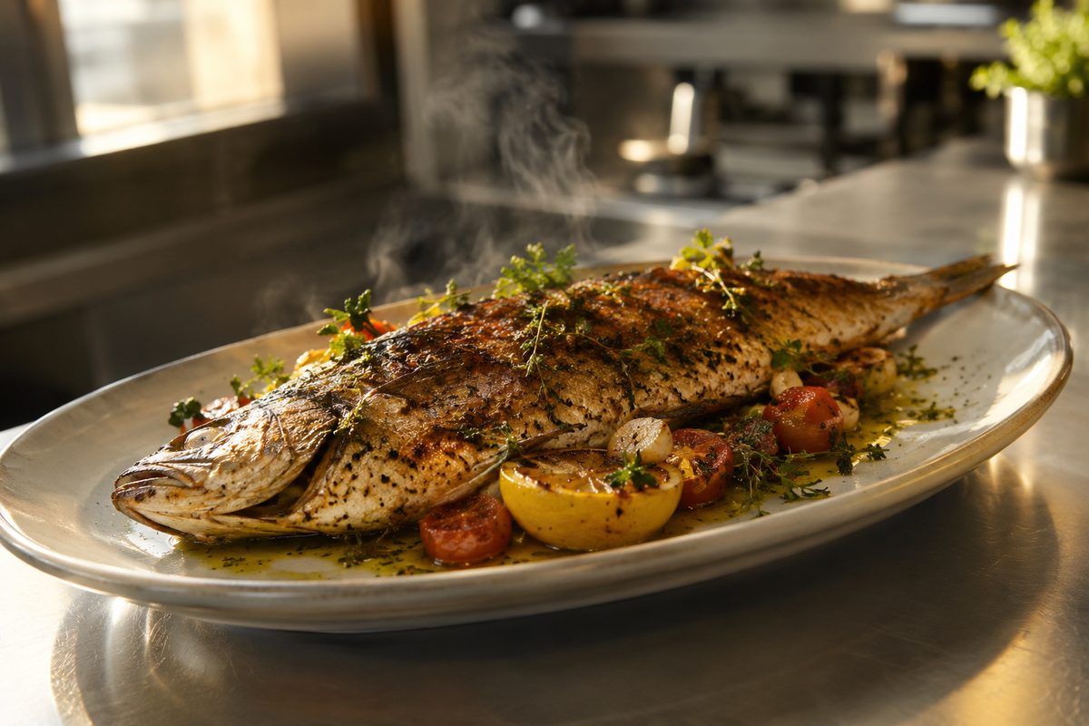 Close-up of steam rising from a plate of roasted fish and greens on a pass in a restaurant kitchen.