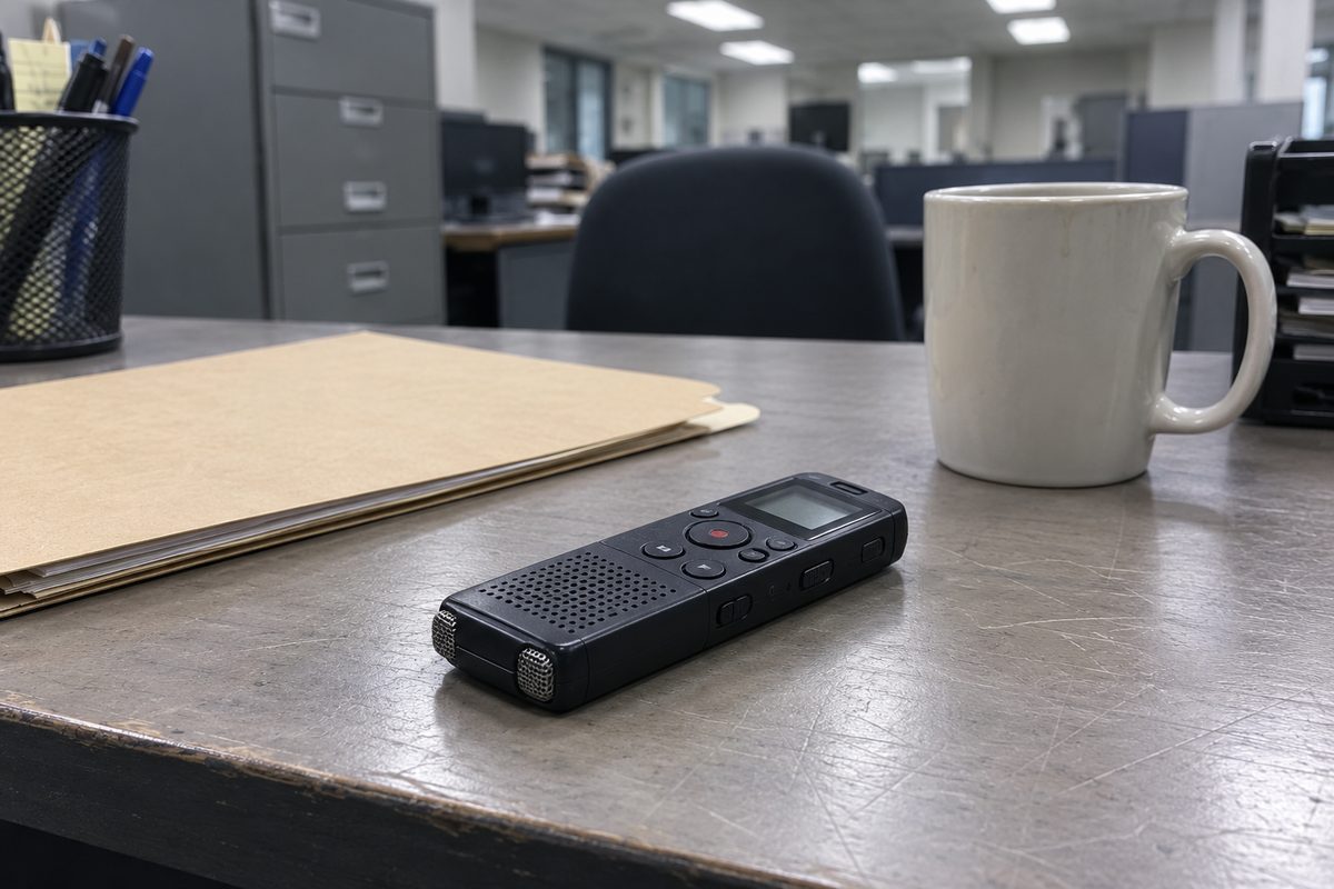 A small handheld audio recorder sitting on a laminate desk in a fluorescent-lit office, no people visible — illustrating the LAPD whistleblower eavesdropping case.