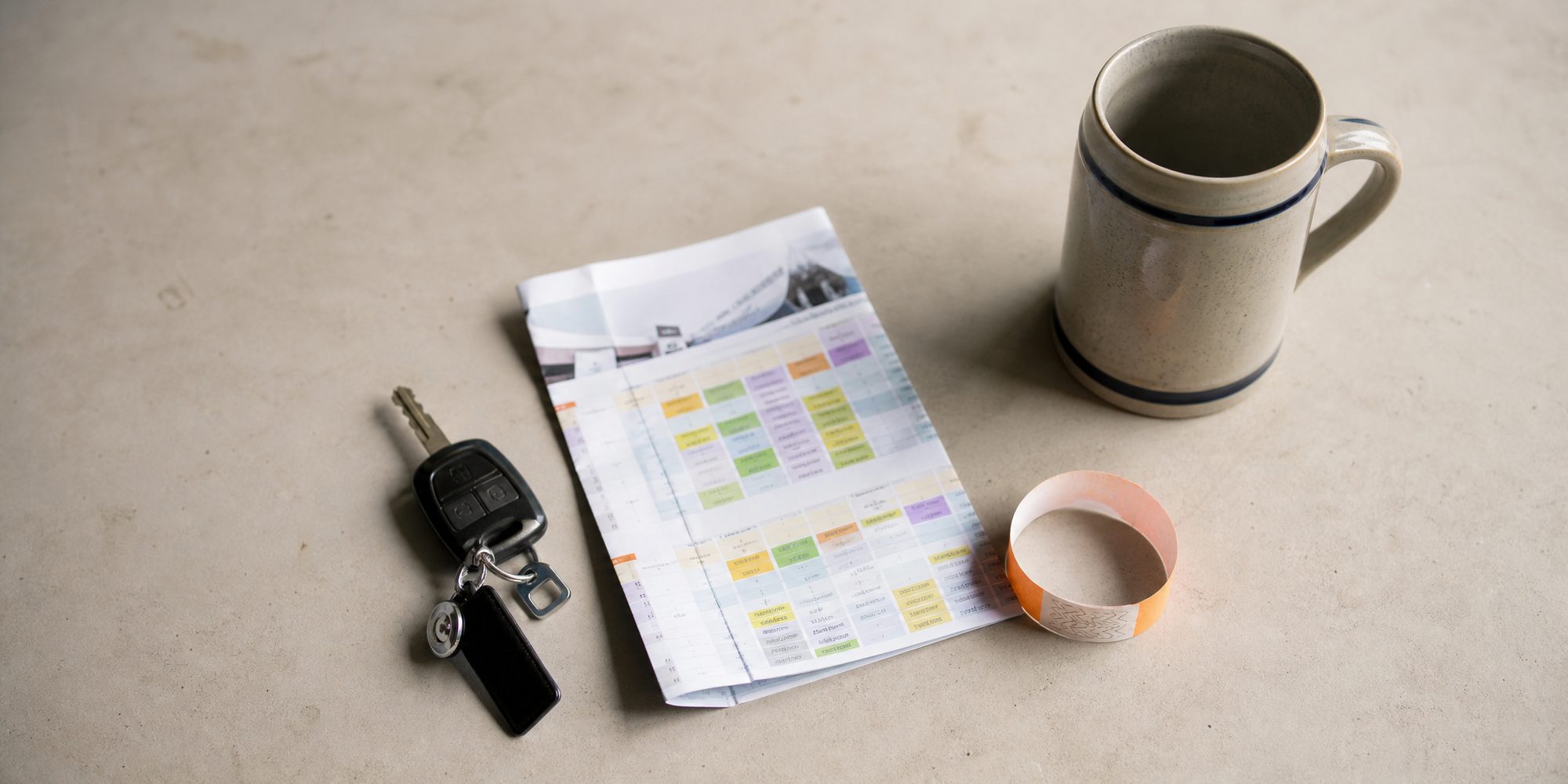 Overhead flat-lay on a plain surface: car keys, a folded printed event schedule with unreadable type, a paper wristband and an empty ceramic beer stein.