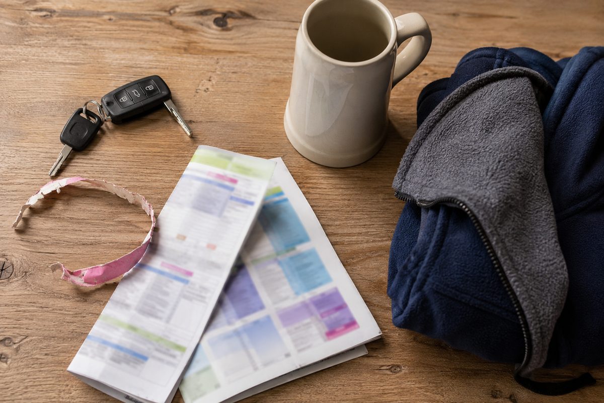 Overhead flat-lay on a plain surface: car keys, a folded printed event schedule with unreadable type, a paper wristband and an empty ceramic beer stein.