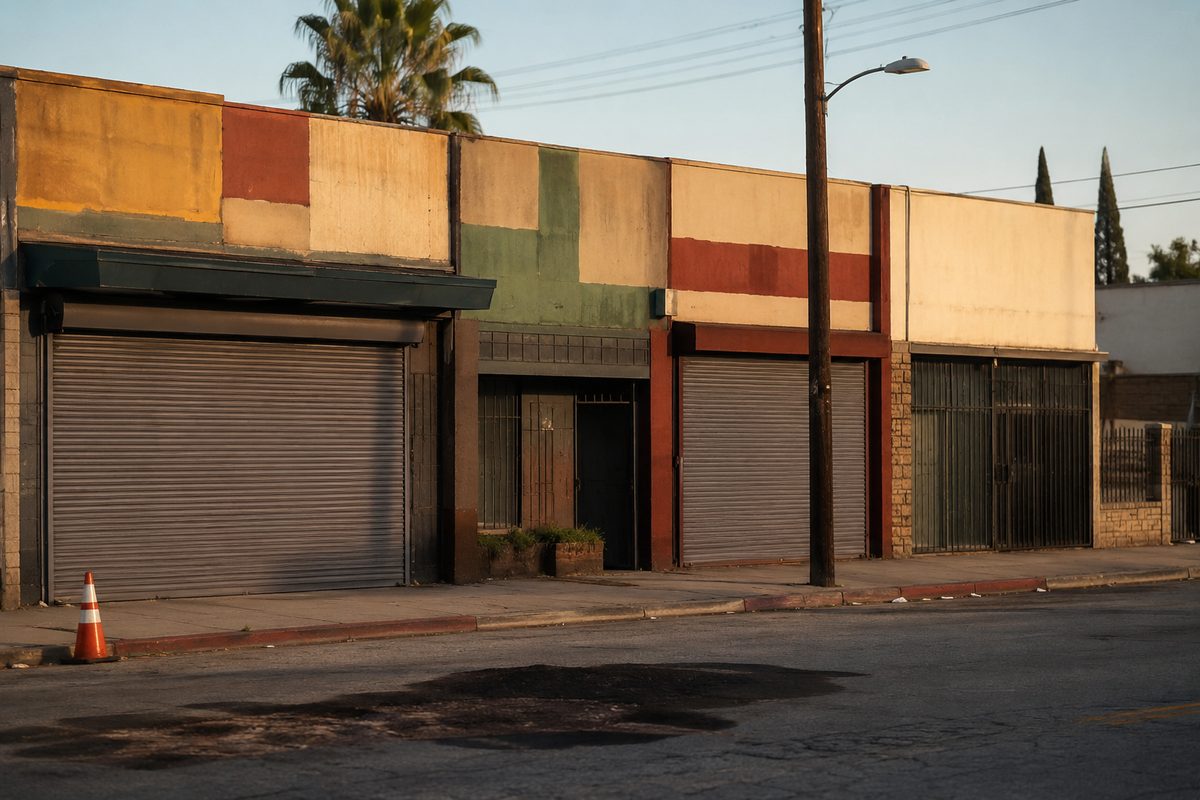 A row of small storefronts with roll-down security shutters on an East Los Angeles commercial street, the kind of business corridor closed for a week after the East LA oil spill.