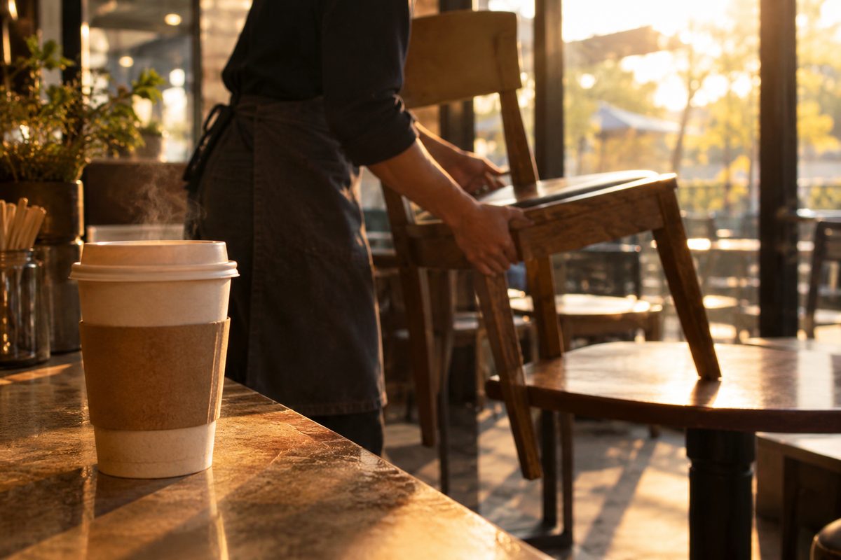 Hands stacking wooden chairs onto cafe tables in late golden light, with a plain paper coffee cup on the counter in the foreground.
