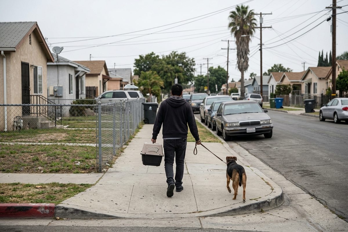 A person carrying a plastic pet carrier walks along a sidewalk past small stucco houses in Florence-Firestone, South Los Angeles, on an overcast morning.