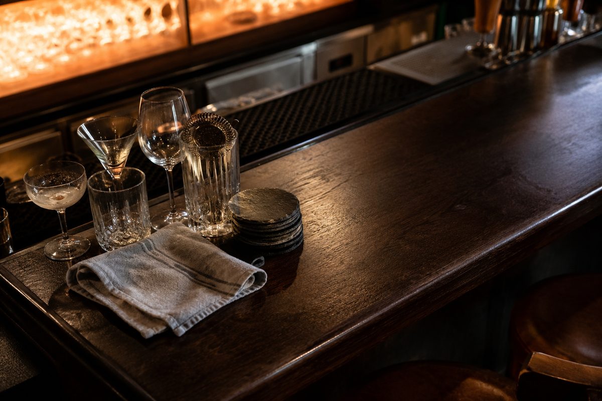 Photo illustration: overhead view of a dark wooden bar counter at closing time, empty cocktail glasses gathered at one end, a folded bar towel and a stack of coasters beside them, warm backlight from behind the bar, no people, no faces, no readable signage or logos, no lettering, no seasonal cues