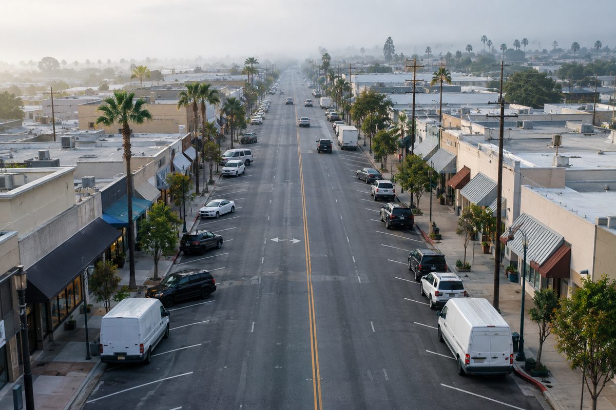 Overhead view of low commercial storefronts, awnings and parked cars along a wide boulevard in flat gray morning light.