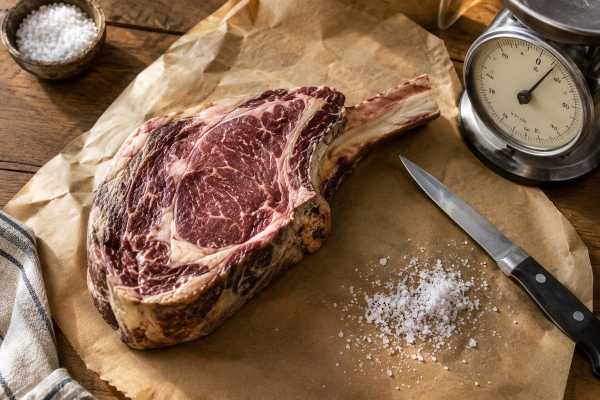 Overhead view of a thick dry-aged bone-in steak on butcher paper beside a knife and a kitchen scale, lit by warm window light.