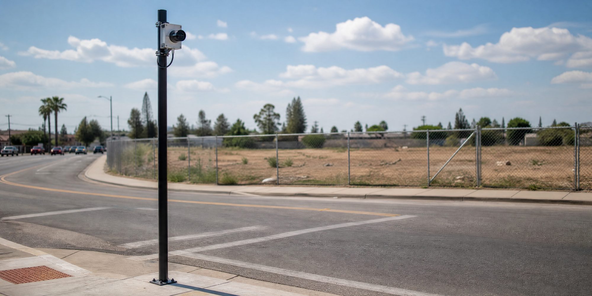 A slim black metal pole at a street corner holding a small camera unit aimed down the road, with cleared dirt lots and chain-link fencing behind it under midday sun.