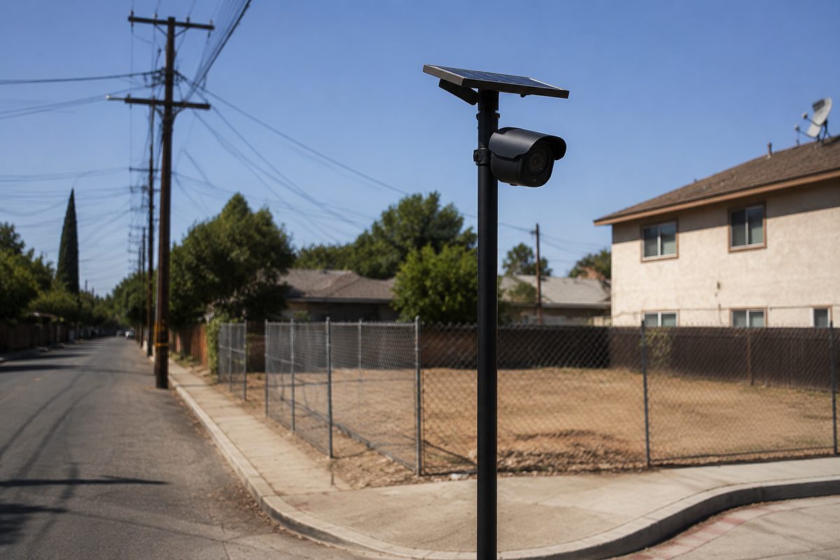 A slim black metal pole at a street corner holding a small camera unit aimed down the road, with cleared dirt lots and chain-link fencing behind it under midday sun.