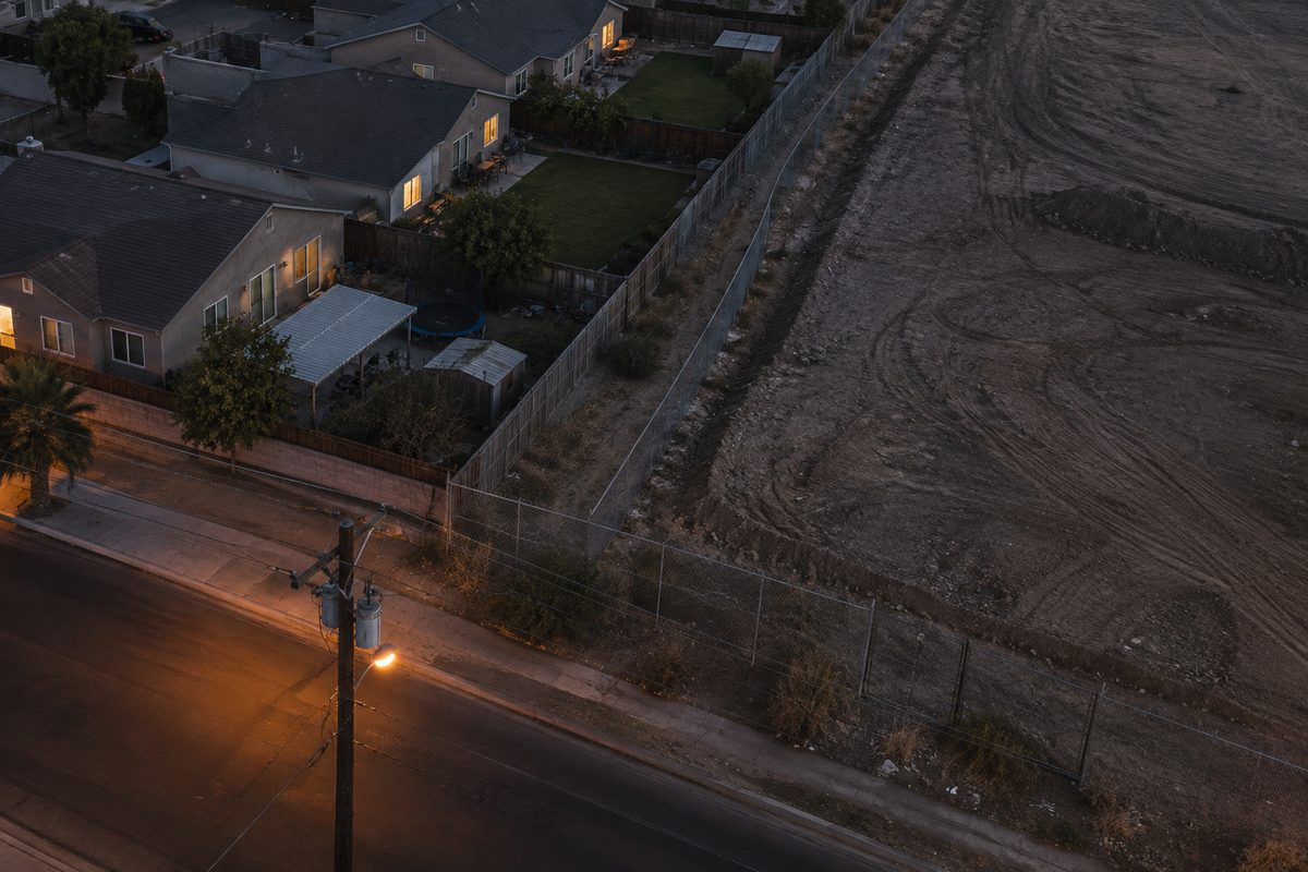 Overhead view at dusk of a fenced, empty industrial lot beside houses, lit by orange street lighting.