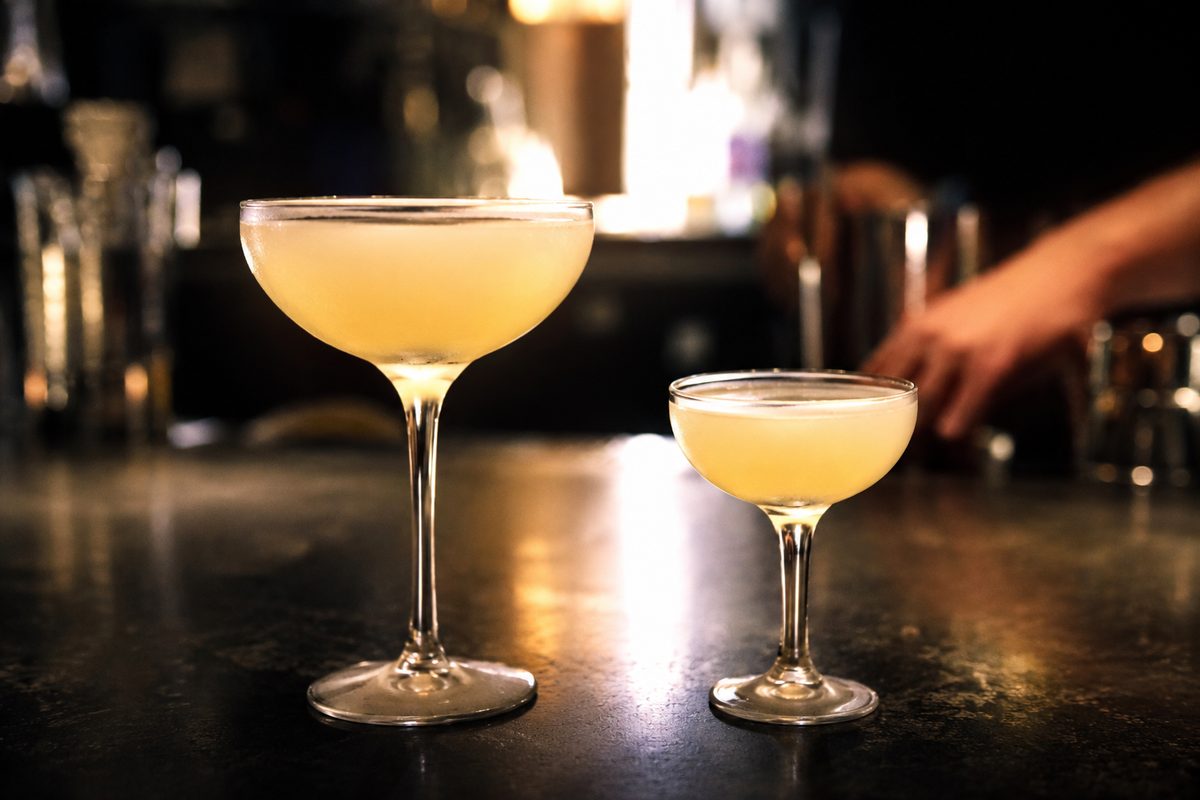 Photo illustration: two stemmed cocktail glasses of noticeably different sizes side by side on a dark bar top, backlit, a bartender's hands blurred at the edge of the frame, no faces, no identifiable people, no readable signage or logos, no lettering, no brand marks