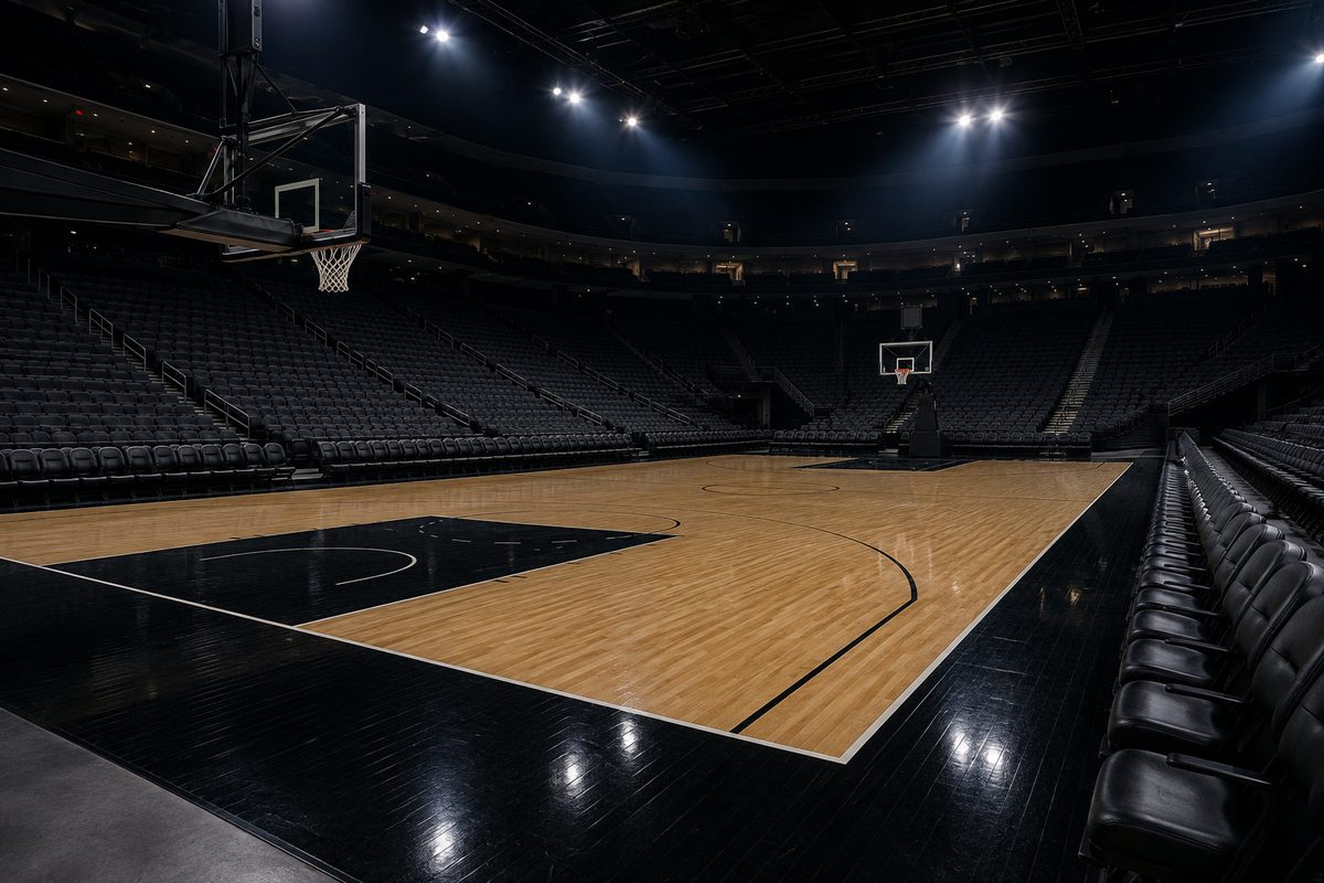 Empty basketball arena seating and hardwood court, lit low, with no visible logos or signage.