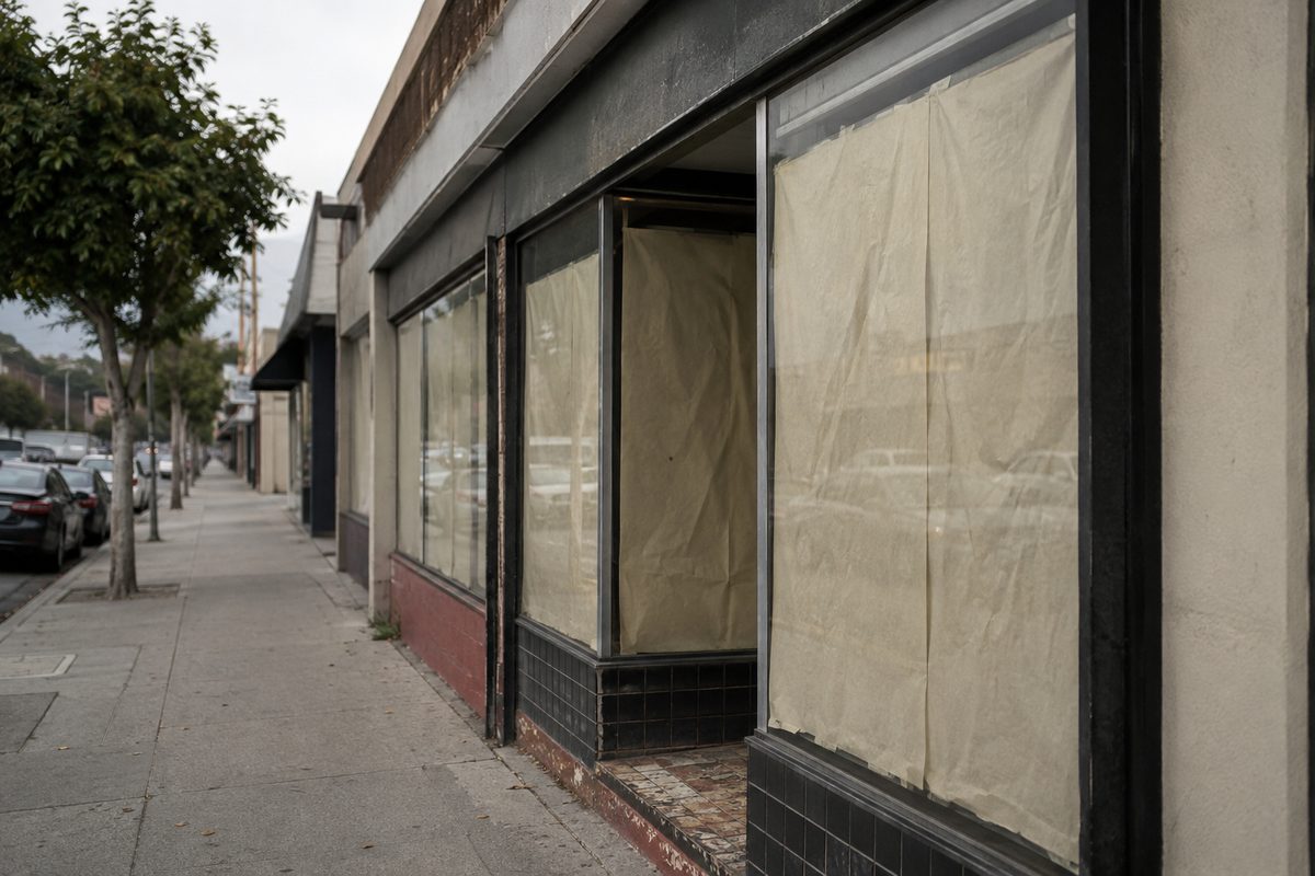 Empty small storefront with papered-over windows on a Los Angeles commercial street, illustrating commercial tenant eviction and rent increases