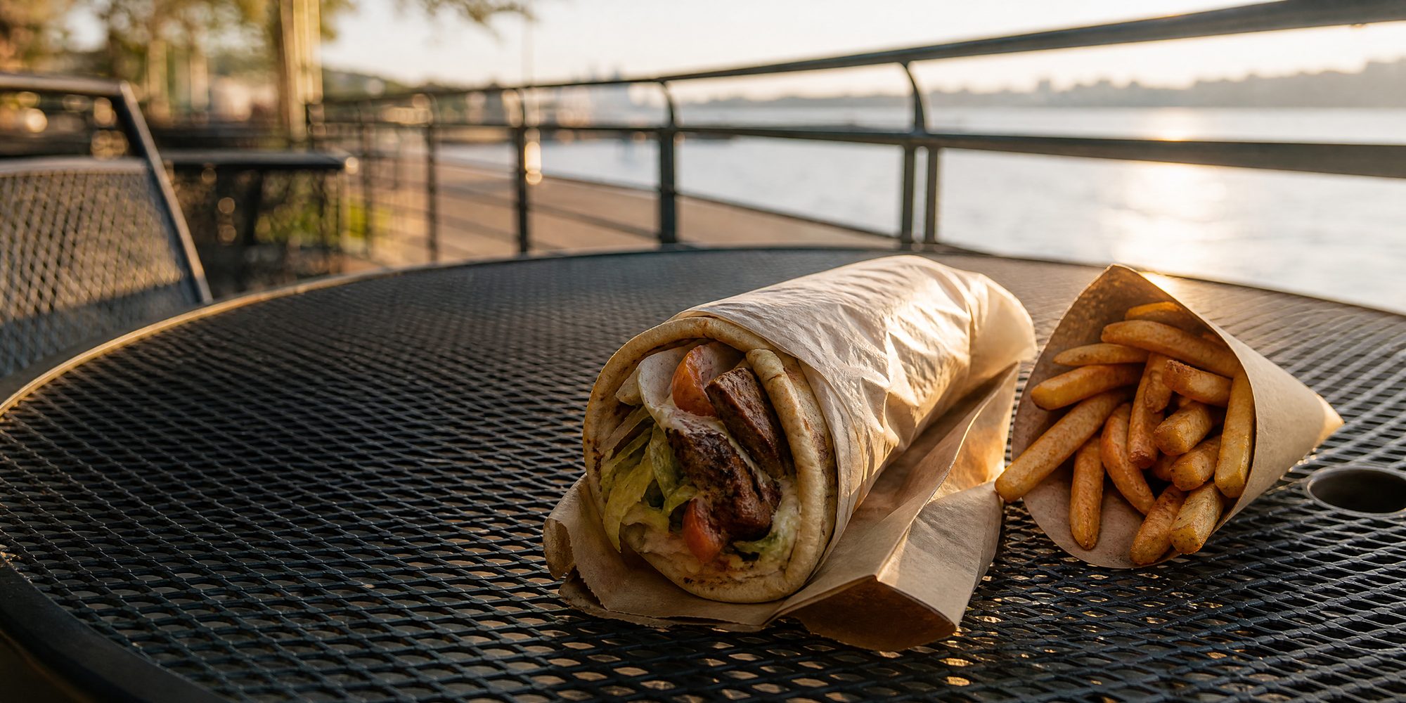 A paper-wrapped shawarma and a paper cone of fries on a metal patio table in late-afternoon light, shot from a three-quarter angle, no branding visible.