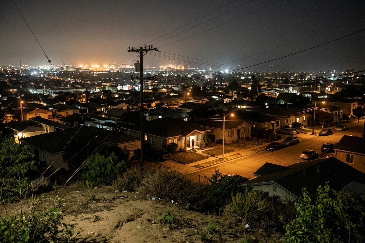 Long Beach streetlights and rooftops at night, seen from Signal Hill after a magnitude 3.2 earthquake near Signal Hill
