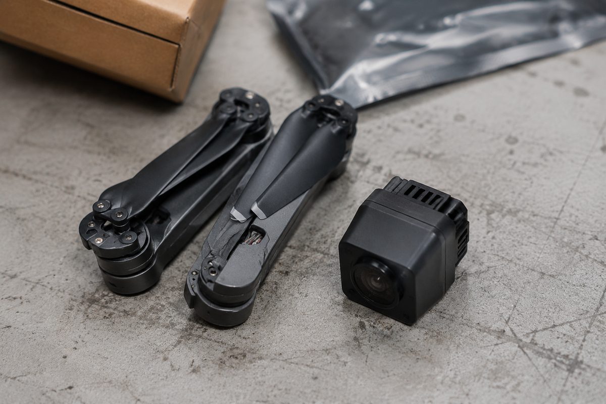Close-up of small drone propeller arms beside a palm-sized camera module on a workbench, illustrating the FCC drone ban affecting the HoverAir Versa camera-drone.