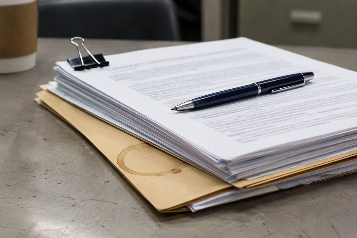 Close macro of printed legal briefs stacked on an office table under fluorescent light, a pen resting across a page of unreadable text.