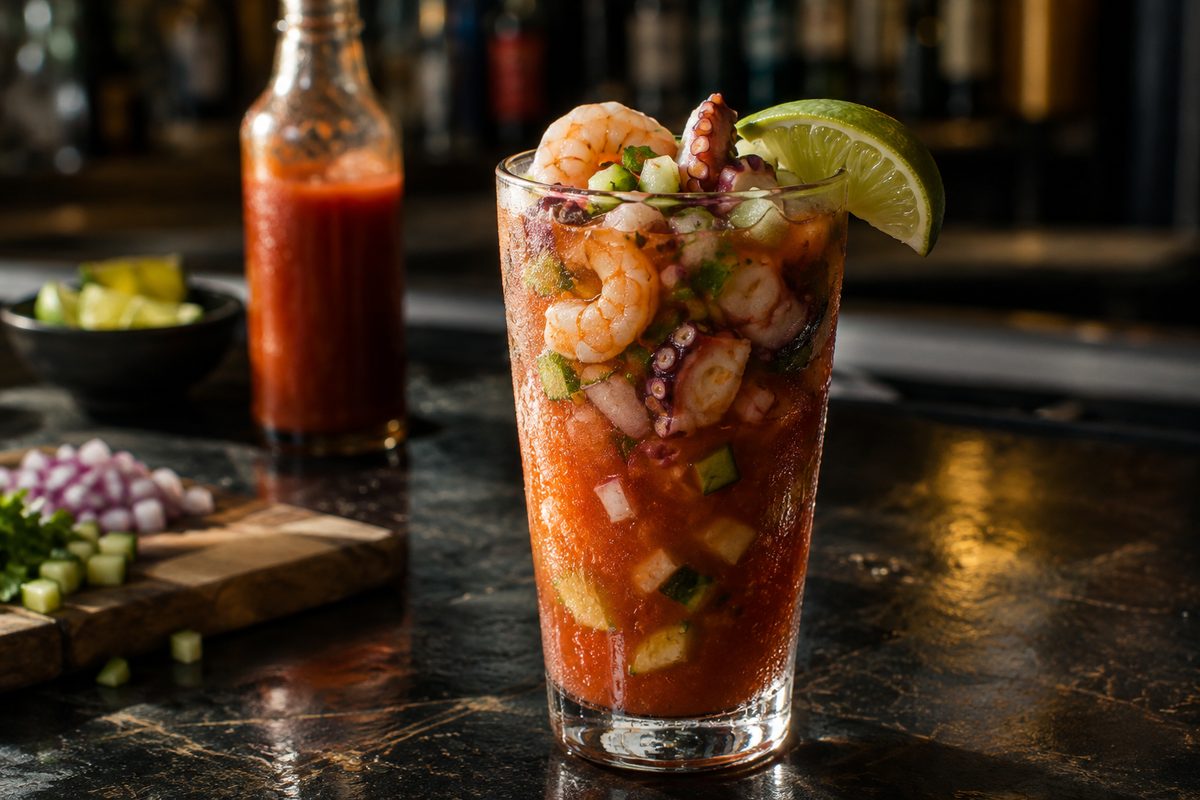 A tall glass seafood cocktail with shrimp, octopus and lime, backlit on a dark bar counter.