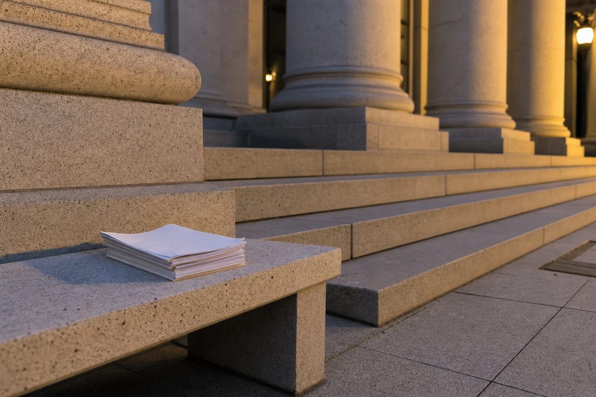 Stone steps and columns of a federal appeals courthouse at dusk, empty of people, with sodium streetlight on the limestone.