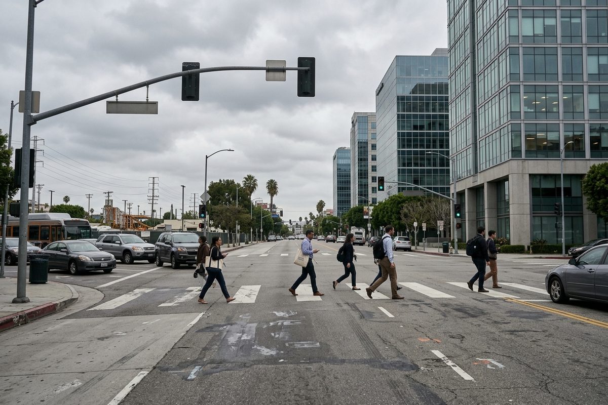 Office workers with lanyards cross Sunset Boulevard in Hollywood under an overcast sky, glass office towers behind them.