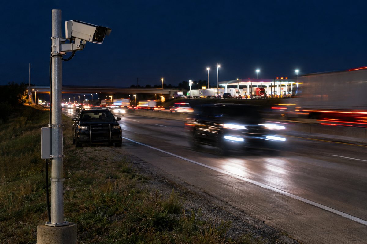A license plate reader camera on a roadside pole above interstate traffic at night, with headlights streaking past and a patrol car parked on the shoulder.