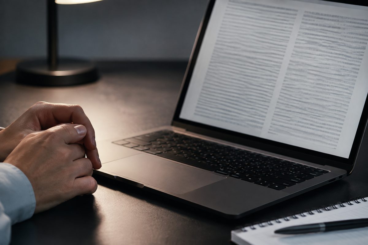 Close-up photograph of a laptop screen showing a dense block of body text, with a person's hands resting near the keyboard.