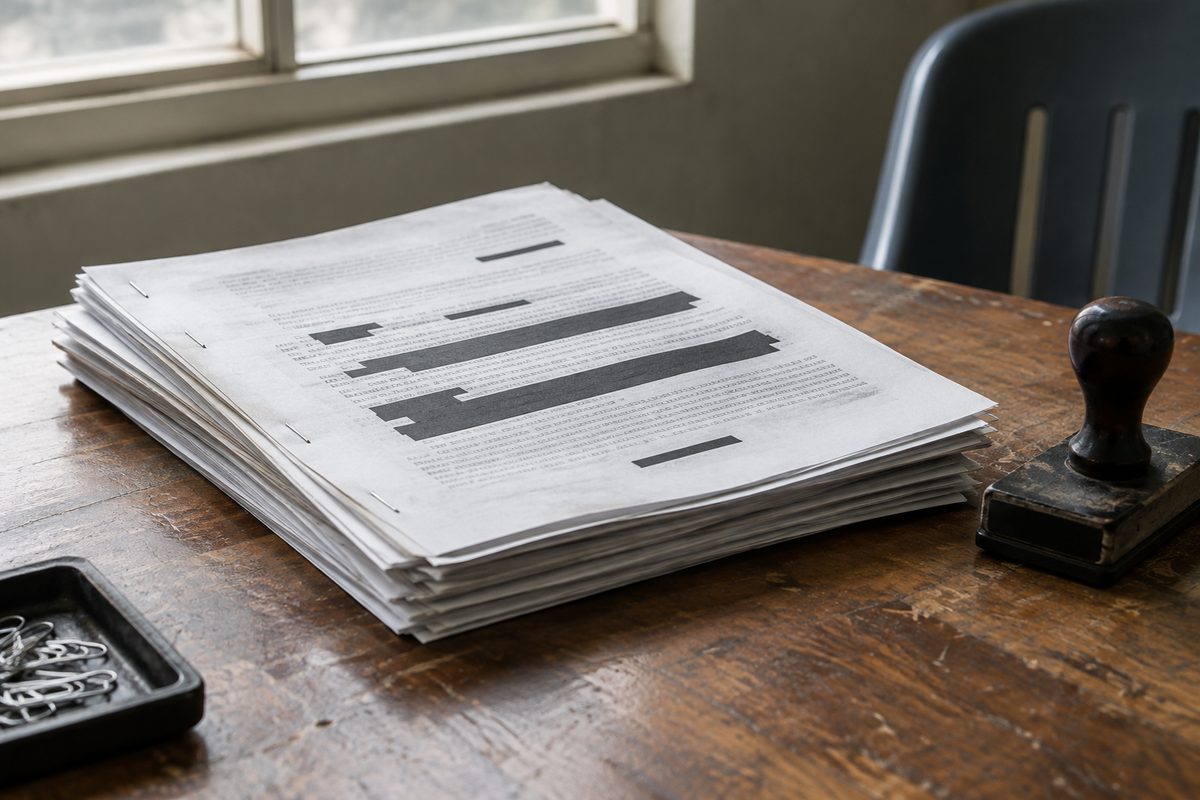 A stack of stapled court filings on a clerk's counter, several passages blacked out, type too small to read.