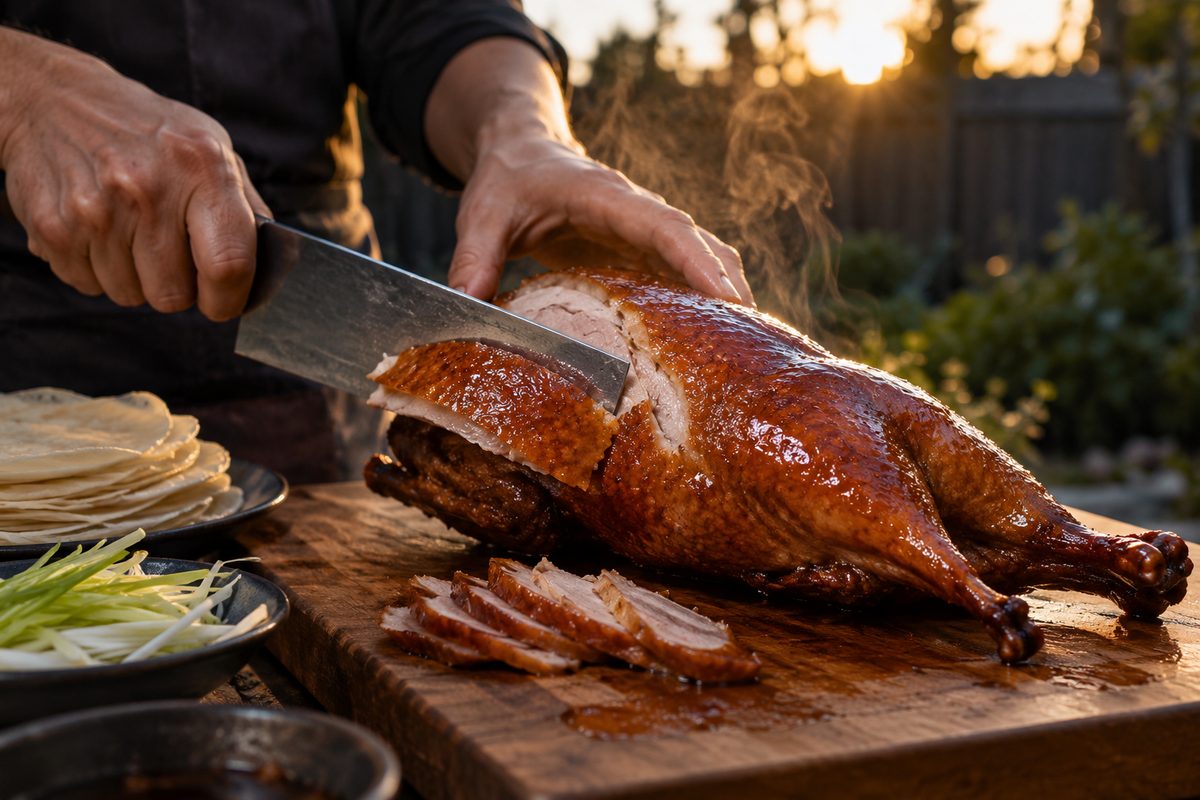 Close-up of hands slicing a glossy, deep-brown roast duck on a cutting board, steam rising against a dark background.