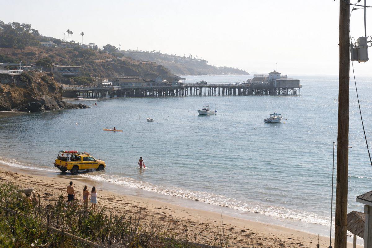 Small boats moored in the bay off Paradise Cove in Malibu on a hot morning, with a lifeguard truck on the sand and a lifeguard wading into the surf.