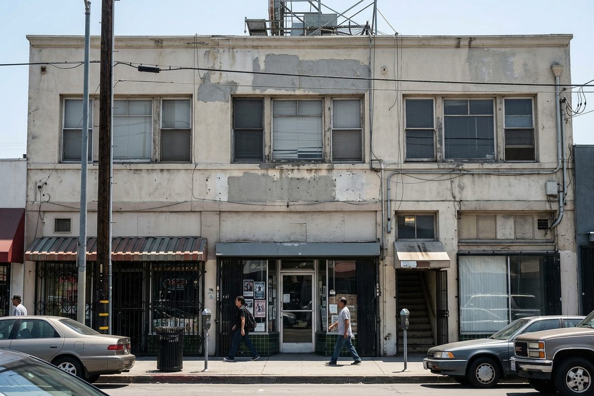 Upstairs windows of an older two-story commercial building above storefronts, with people walking below at midday.