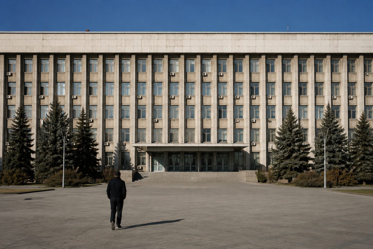Wide frontal view of a concrete government office building across an empty paved plaza, one person walking away from the camera.