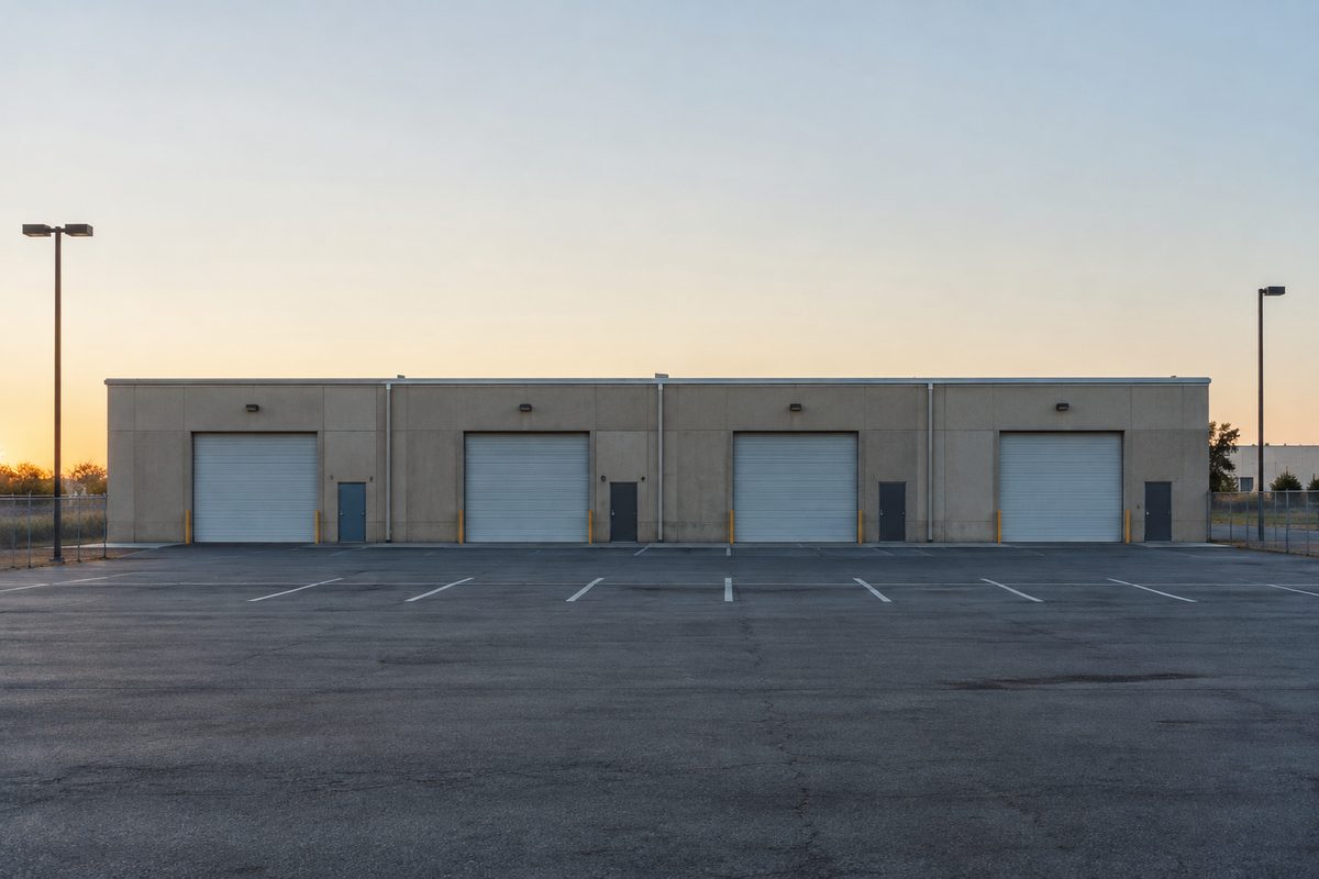 Low concrete tilt-up industrial buildings with roll-up doors, seen straight on across an empty parking lot at dawn.