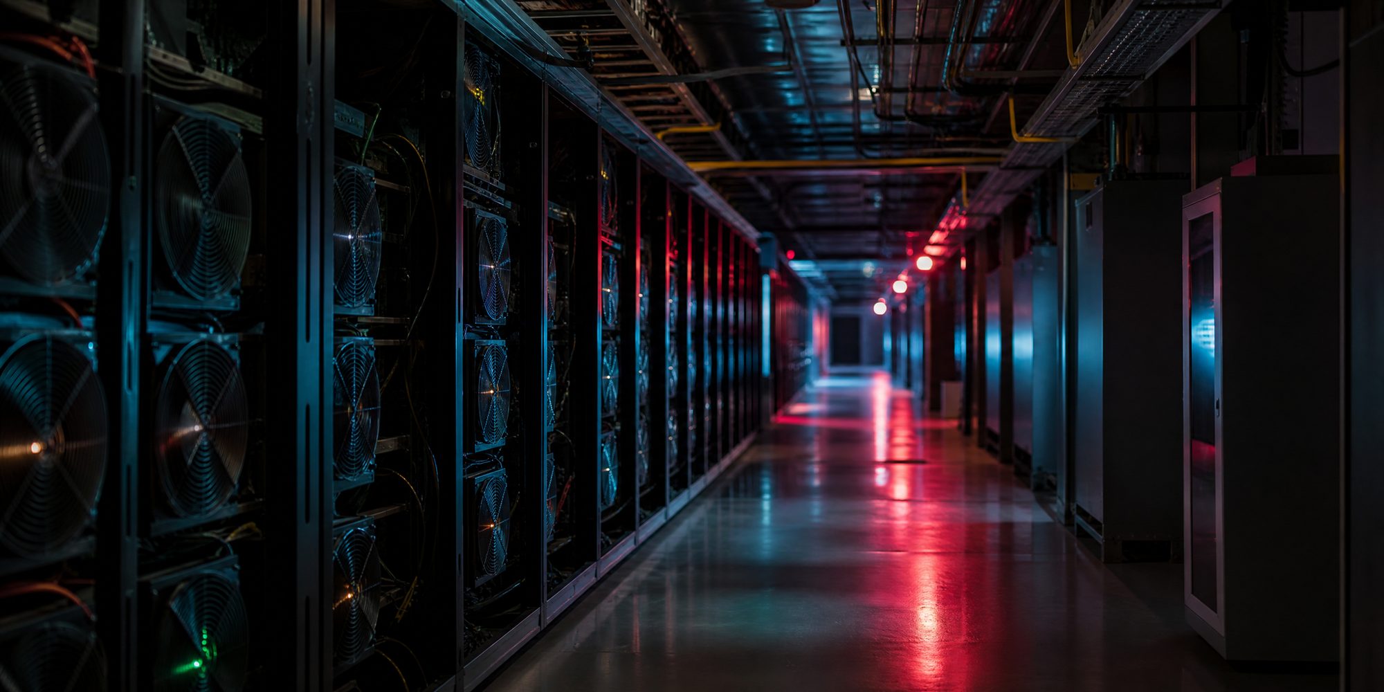 A long corridor of anonymous equipment racks at night, cooling fans and unlabelled cable trays receding into the distance under colored light.