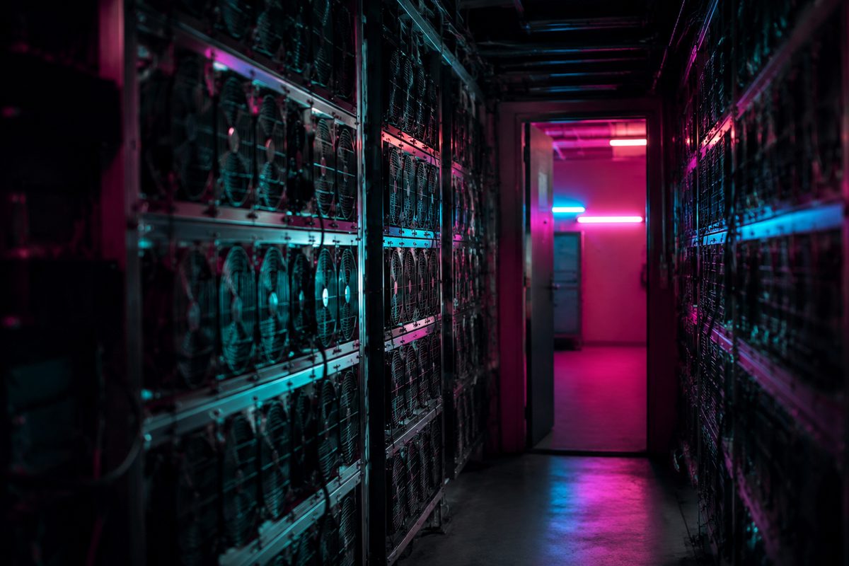 A long corridor of anonymous equipment racks at night, cooling fans and unlabelled cable trays receding into the distance under colored light.