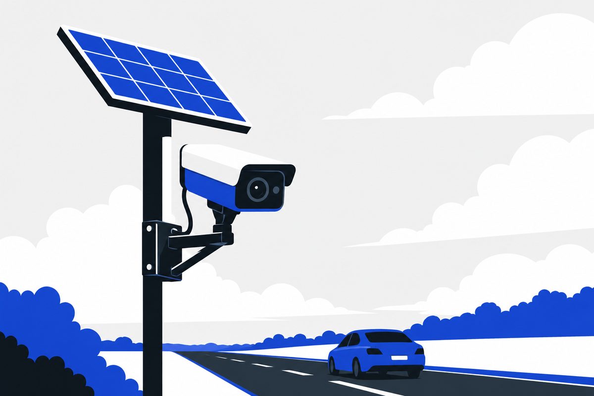 Illustration: Solar-powered license plate reader camera mounted on a pole beside a road, set against an overcast sky