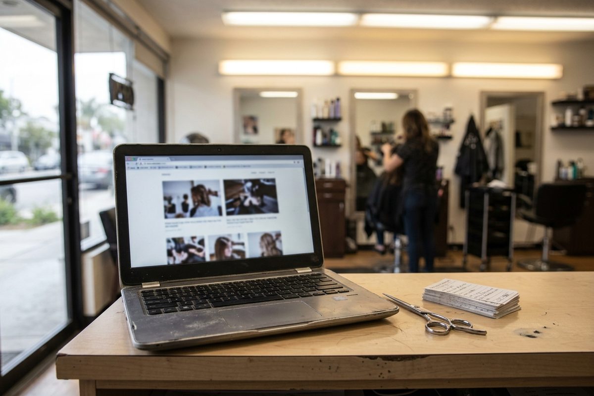 A laptop showing a small business website sits open on a hair salon's front counter in Santa Monica, with the salon chairs out of focus behind it.