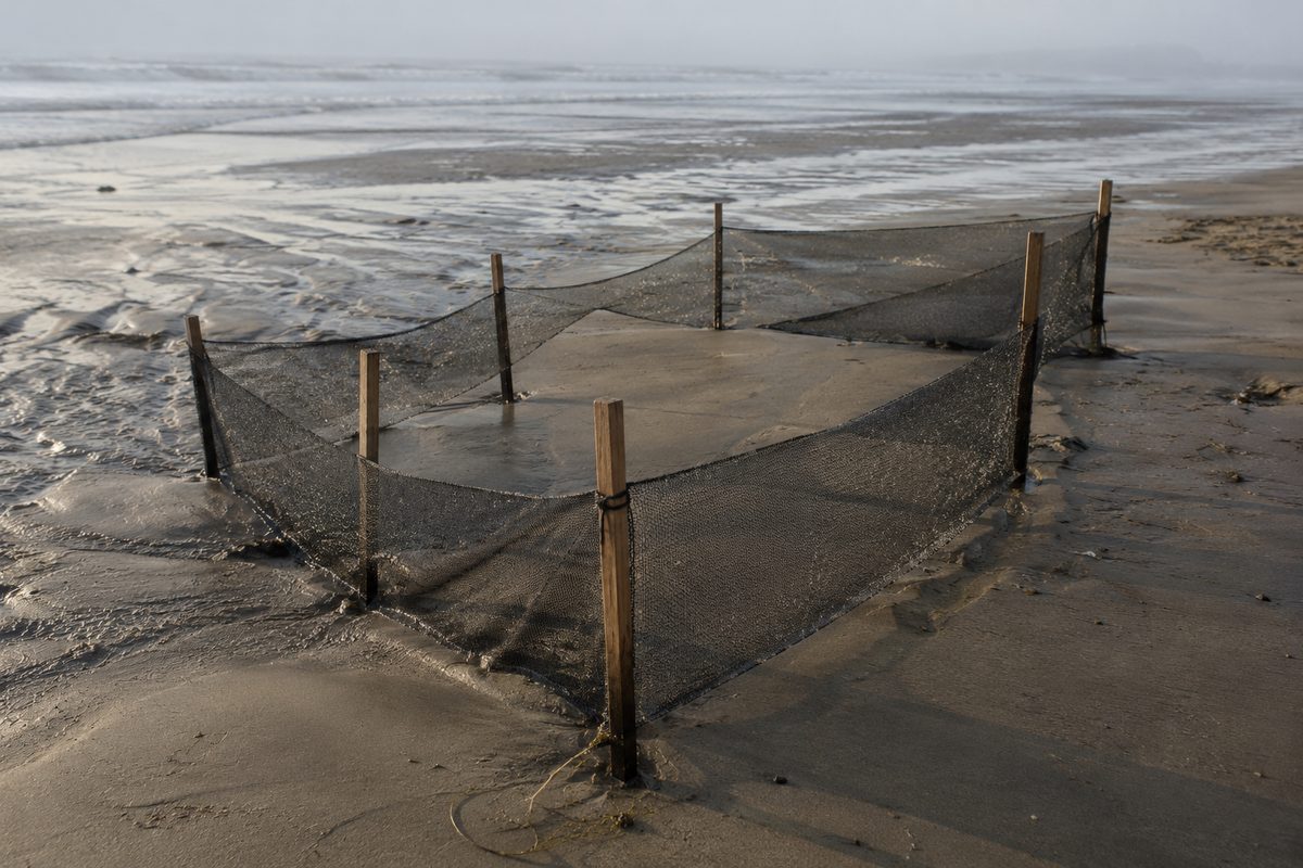 Overhead view of wet beach sand and a low staked mesh enclosure under flat gray morning light.