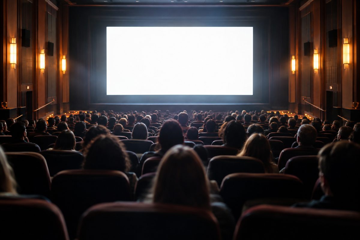 A wide view from the back of a large, packed movie auditorium, audience silhouetted against a bright blank screen under warm wall lights.