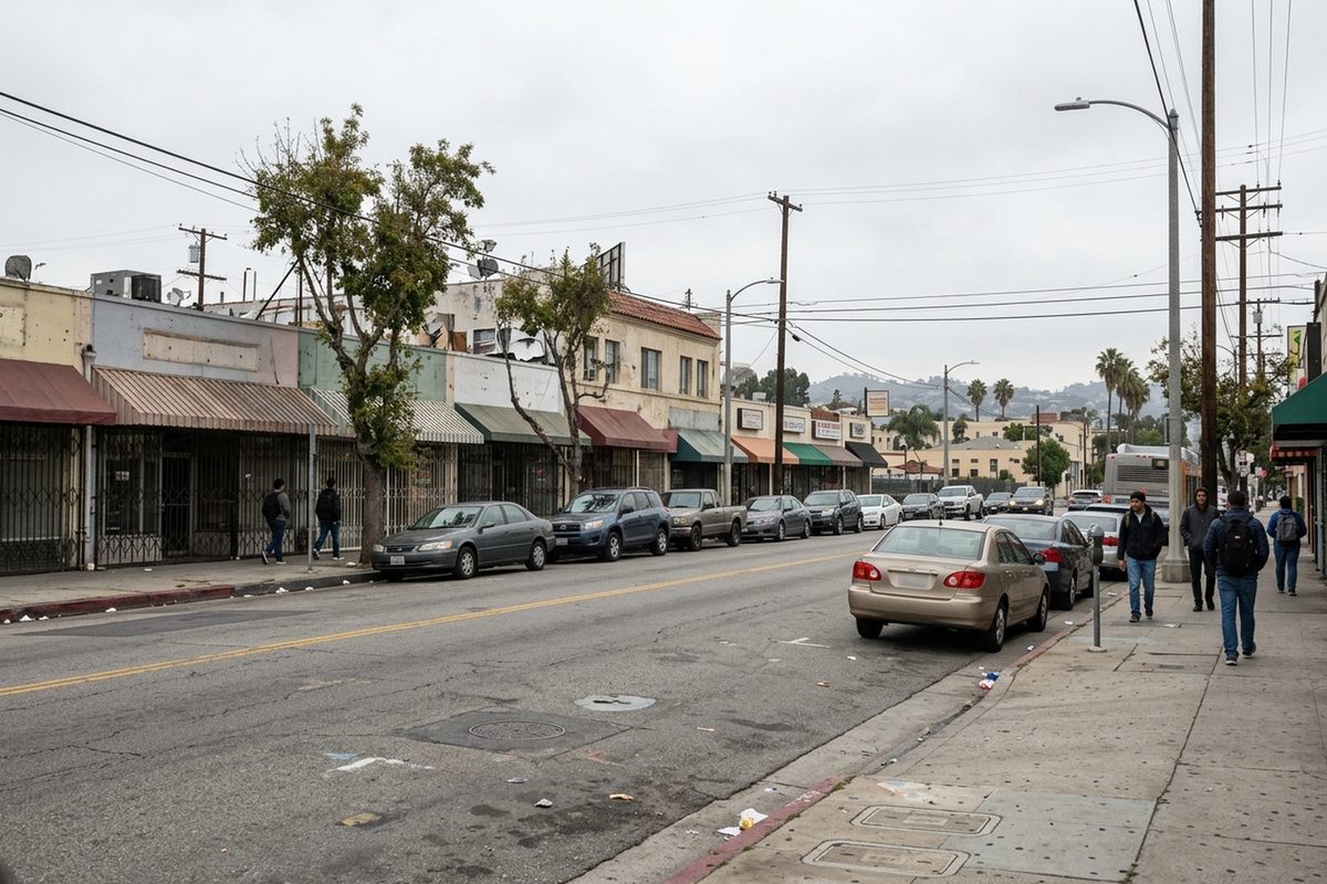 Pedestrians walk past a row of low storefronts on Sunset Boulevard in Echo Park, Los Angeles, on an overcast afternoon.